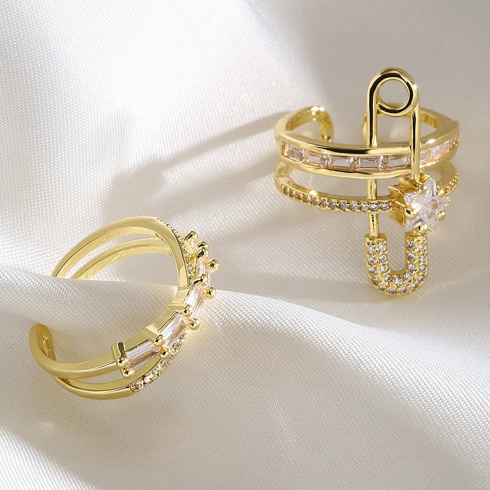 Trendy Cubic Zirconia Accentuated 18K Gold-Plated Open Couple Ring Dainty Adjustable Brass Paperclip Design for Women