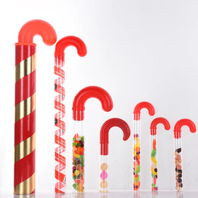 1 X 10 Inch Empty Packaging Clear Plastic Holiday Candy Cane Tubes with Red Topper