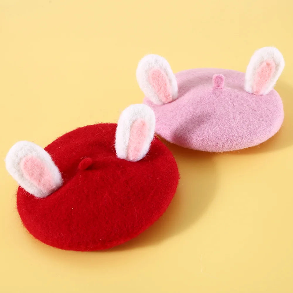 2026 Custom New Design Solid Color Rabbit Ear Wool Adjustable Pet Beret for Dogs Cats Cats Dobby Style for Winter Season