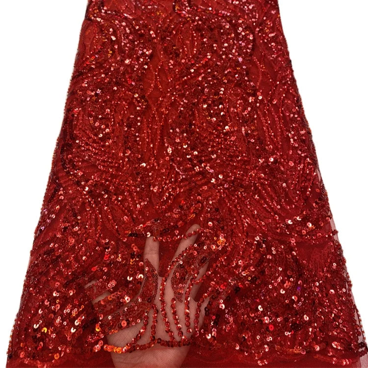 Shiny Red Lace Fabric Beads Embroidered Fabric Guipure Mesh Lace Beaded Embroidery Fabric