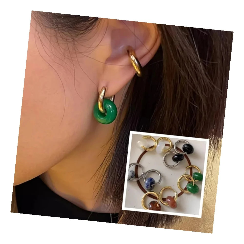 Vintage Turquoise Green Natural Stone Small Circle 18k Gold Plated Stainless Steel Huggie Hoop Earrings with Agate Stone