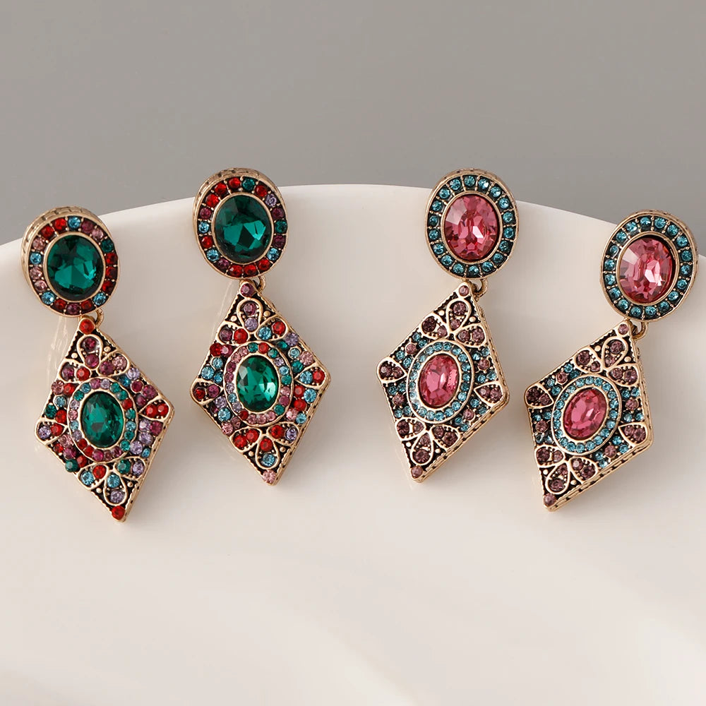 Vintage Gemstone Geometric Earrings Women Jewelry Rhinestone Geometric Stud Earrings Wholesale Bulk