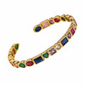 BC2072 18K Gold Plated Multicolored CZ Crystal Bangle Bracelet | Geometric Rainbow Cubic Zirconia Open Cuff Jewelry for Women