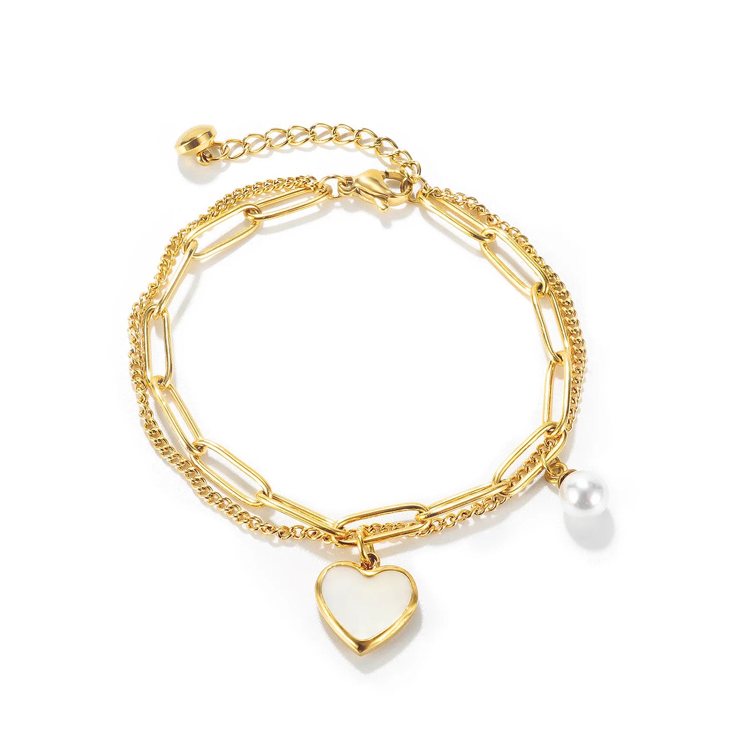 High Quality 18K Gold Plated Stainless Steel Vintage Chain Charm Bracelet Imitation Pearl Love Heart Design for Women Girls