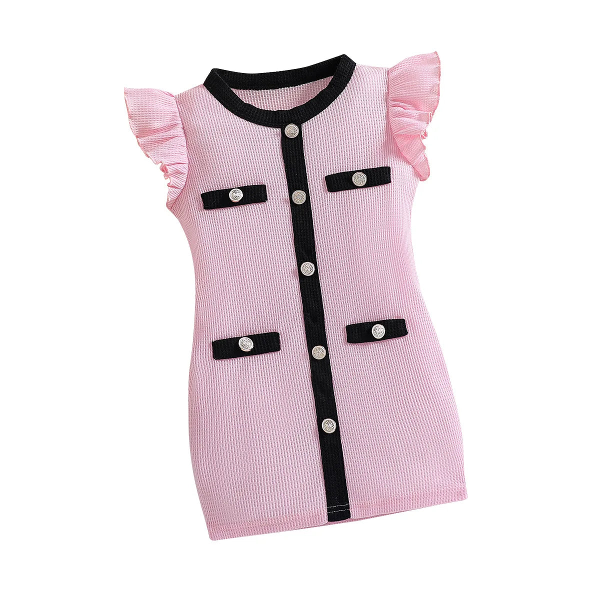 Girls Walf Checks Fabric Plaid Color O-Neck Pocket Flying Sleeve Fashion Casual Dress