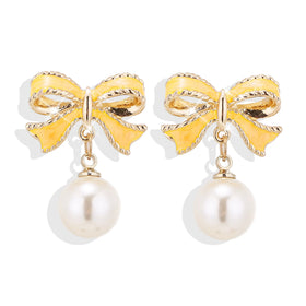 2024 Trendy Jewelry 925 Silver Needle Bow Stud Earrings Sweet Multiple Colors Pearl Dangling Bow Knot Earrings for Women Girls