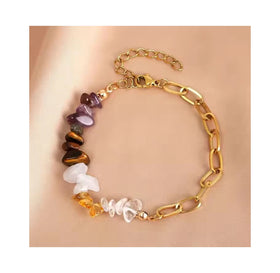 Irregular Natural Crystal Stone Bracelet Fashion Splice Gold Plated Stainless Steel Chain Bracelet for Women