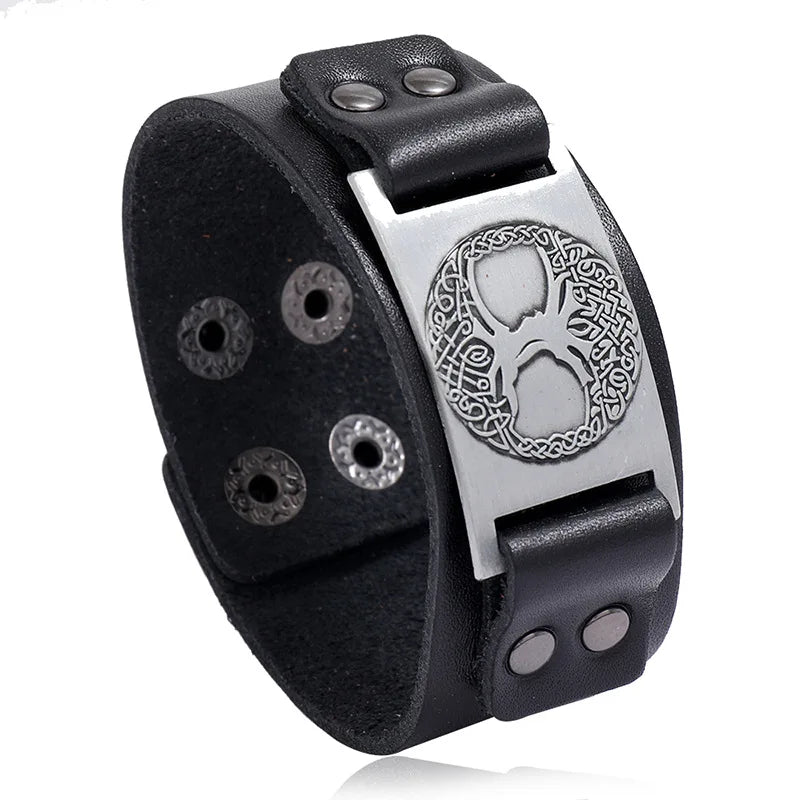 DPANCO P01969 Popular Viking Totem Lucky Tree Cowhide Alloy Cuff Bracelet Vintage Woven Punk Men's Wide Leather Antique Copper