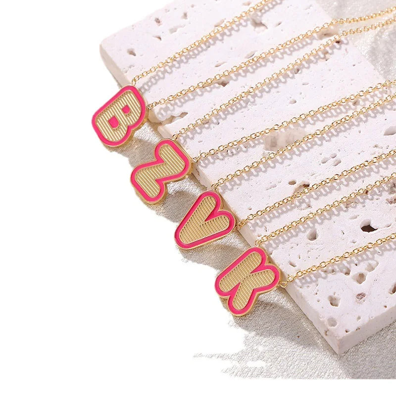 Ins Fashion Gold Plated Red Enamel Alphabet Necklace Stainless Steel 3D A-Z Initial Letters Pendant Necklace