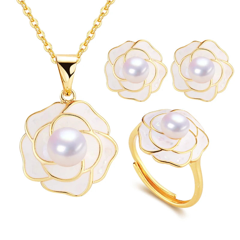 Wholesale Camellia Flower 18k Gold Plated Natural Freshwater Pearl Earrings Necklace Rings Jewelry Set