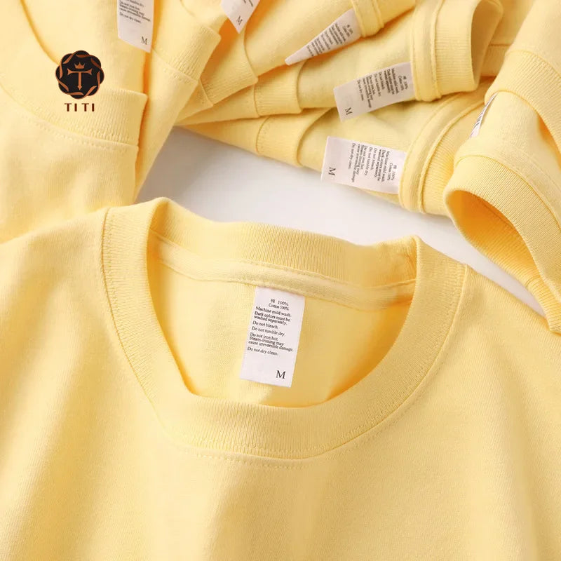 TITI Cotton Round Neck Short Sleeve T-shirt Men's Women's Simple Solid Color Top Style Heavyweight Thick Blank Top