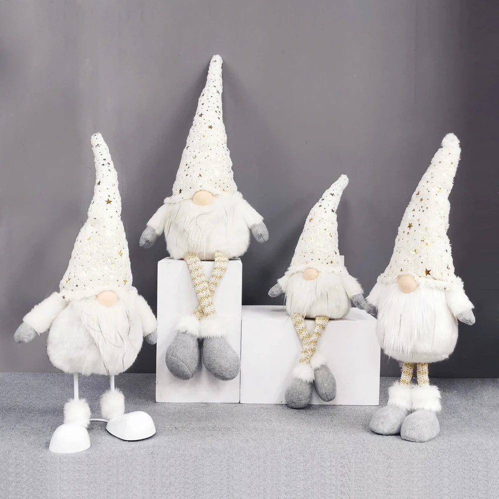 European Gonk Holiday Table Ornament Christmas Snowy White Fabric Decoration Gnomes With Glitter Golden Star