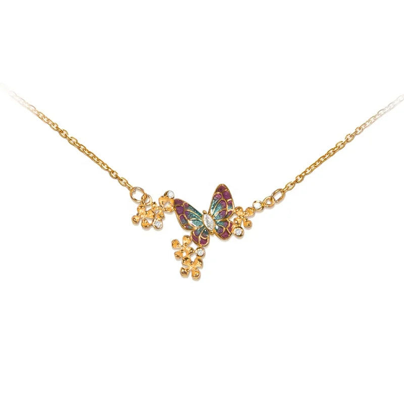 Exquisite 18K Gold-Plated 925 Sterling Silver Vintage Graded Enamel 8A Zirconia Butterfly Necklace for Women Weddings Parties