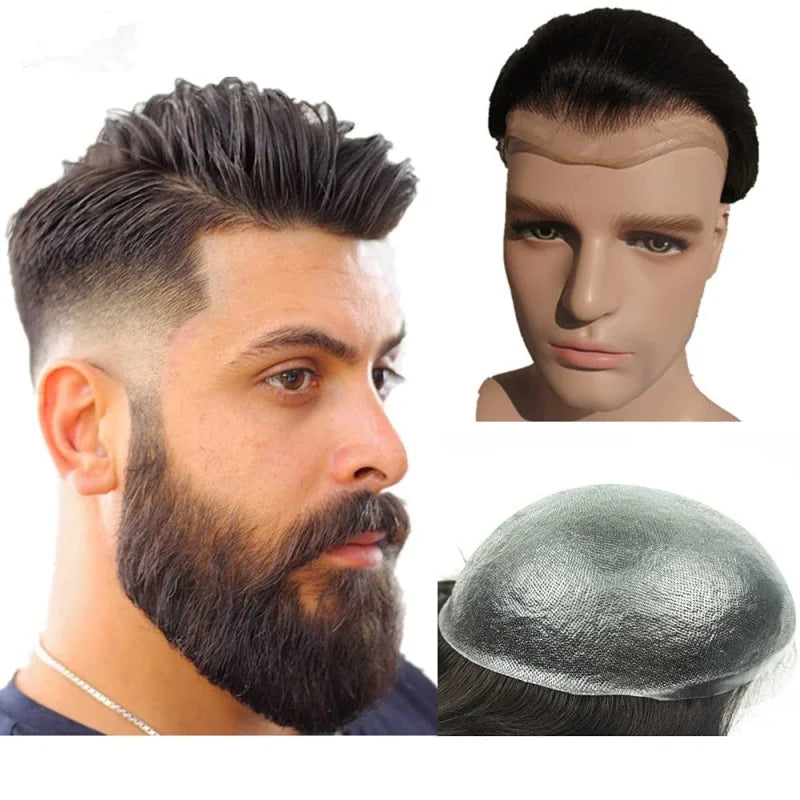 European PU Skin Toupee for Men 10x8\" Indian Hair Replacement System 0.04mm Hair Prosthesis Units Patch