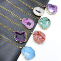 Natural Stone Agate Crystal Hole Rough Raw Stone Slices Electroplating Golden Edge Colorful Irregular Pendant Necklace