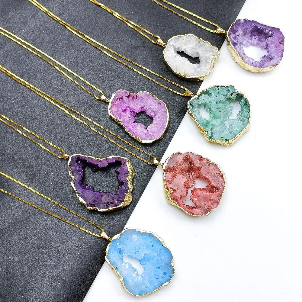 Natural Stone Agate Crystal Hole Rough Raw Stone Slices Electroplating Golden Edge Colorful Irregular Pendant Necklace