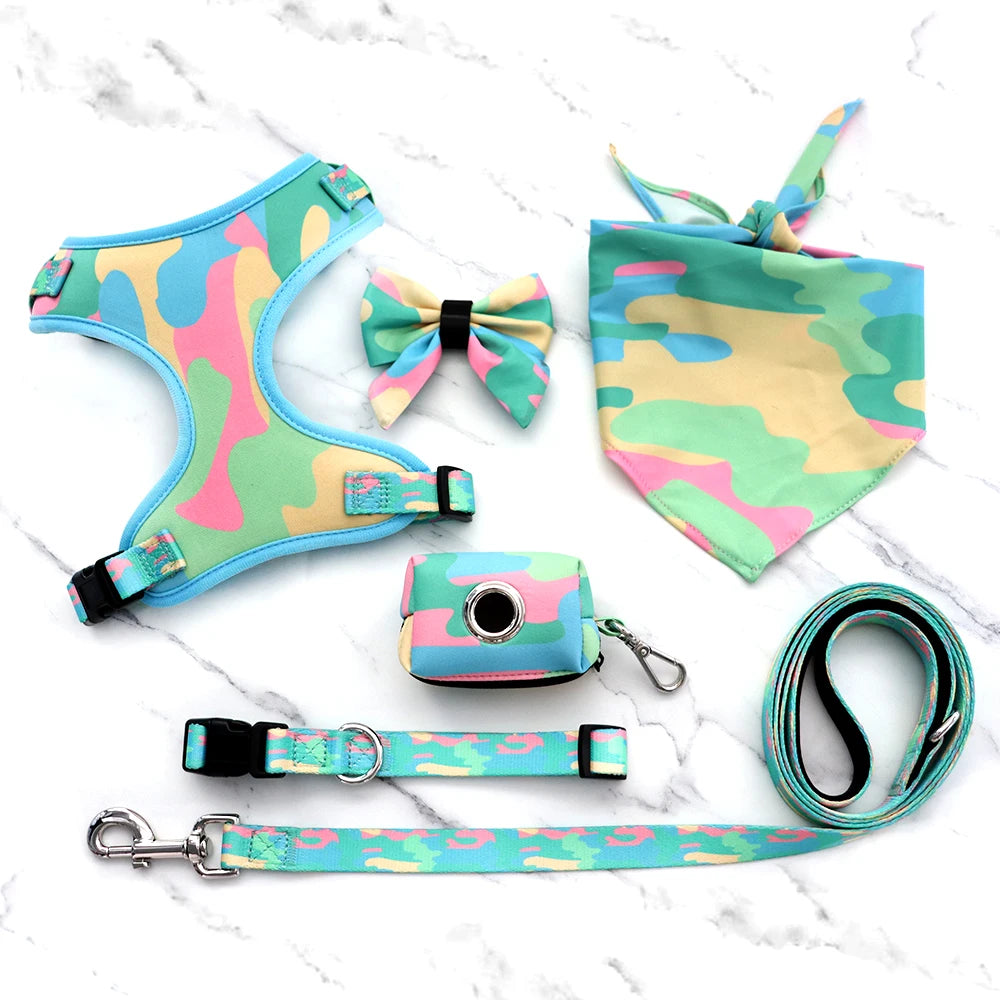 Printed Mesh Reversible Camo Collar Leash Bandana Dog Harness Set Custom Sublimation Pattern Luxury Personalized Bowknot ZM