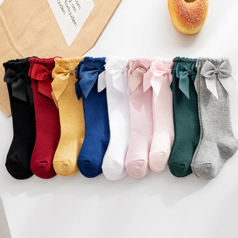 Wholesale Solid Color Big Bow Knee High Quality Long Soft Cotton Lace Spanish Baby Toddlers Kids Tube Socks
