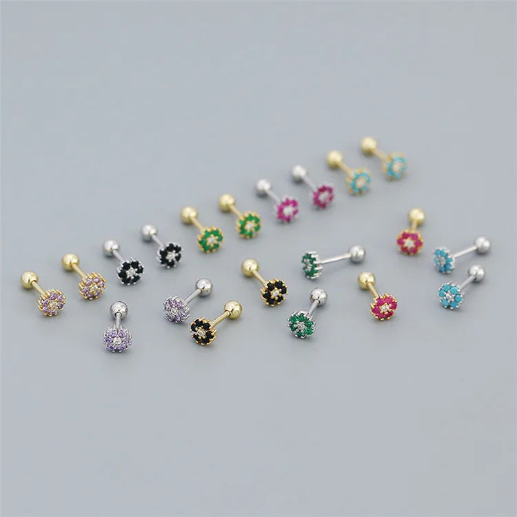 SP Wholesale Mini Screw Back Turquoise Stud Earring 925 Sterling Silver Colorful Zircon Flower Stud Earrings