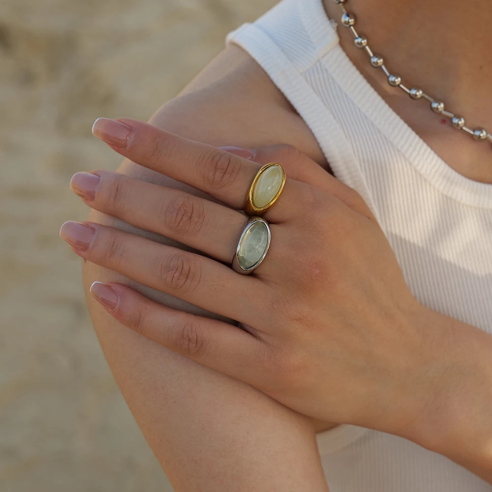 J&D Ins New Arrival 18K PVD Gold Plated Rings Jewelry Gift Set Stainless Steel Rectangle Resin Chunky Finger Ring