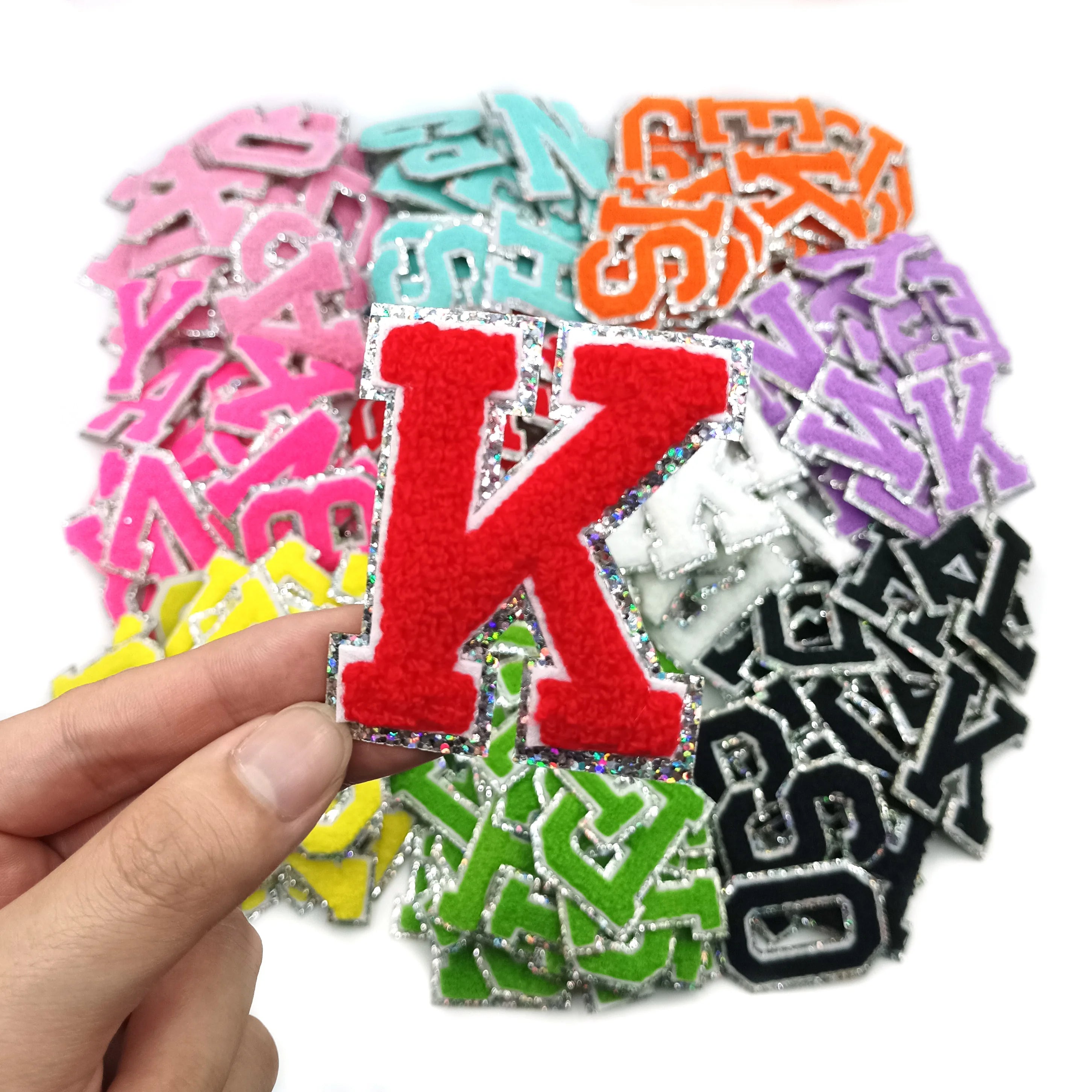 New Silver Edge Red Chenille Glitter Bling 6.5cm Embroidered Iron-On Red Letter Patches Letter