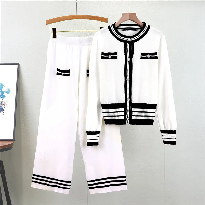Spring and Autumn Fashion Cardigan Knit Set Casual Button Knit Cardigan and Pants Set Knitted Two Piece Set for Women