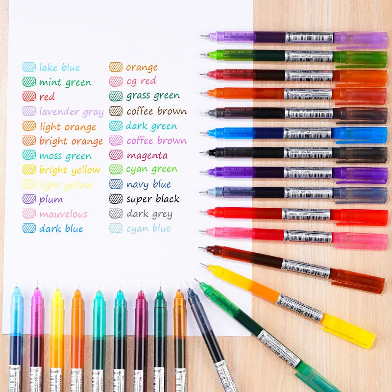 24 Color Straight Liquid Ballpoint Pen Retro Color Neutral Pen for Note Taking Black Quick Drying Ink Needle Tube Pen