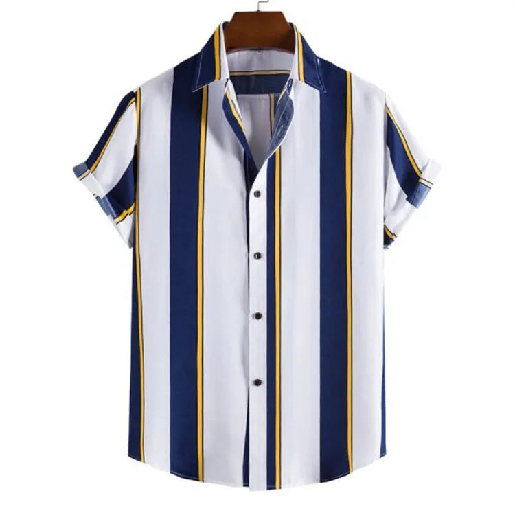 New Arrival Men's Hawaiian Print Casual Striped Shirts Summer Short-Sleeved Tops with Turn Collar XL Beach Wear Fashion Shirt