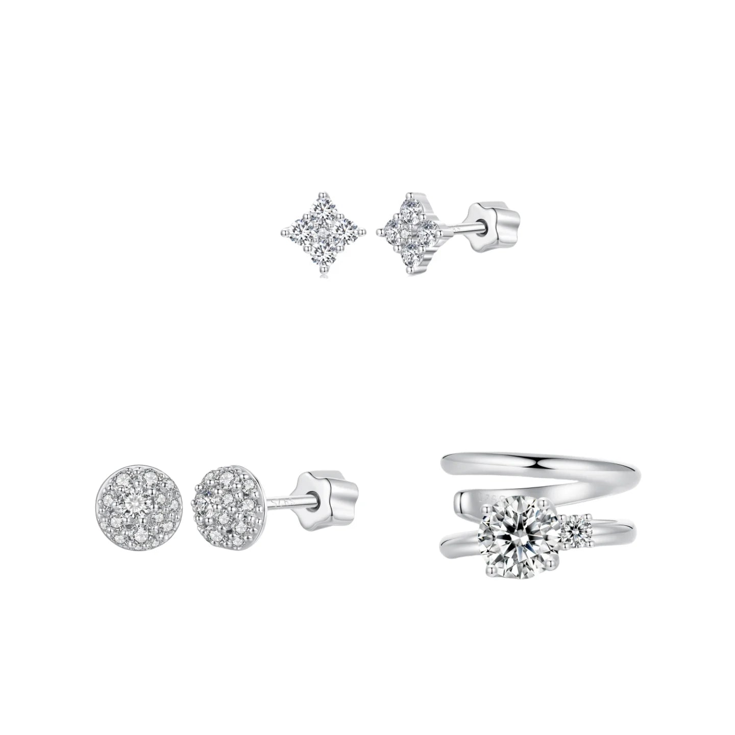 Qings Fashion Design Jewelry 925 Sterling Silver Moissanite Stud Fine Jewelry Four-Leaf Clover Hemisphere Double Layer Earrings