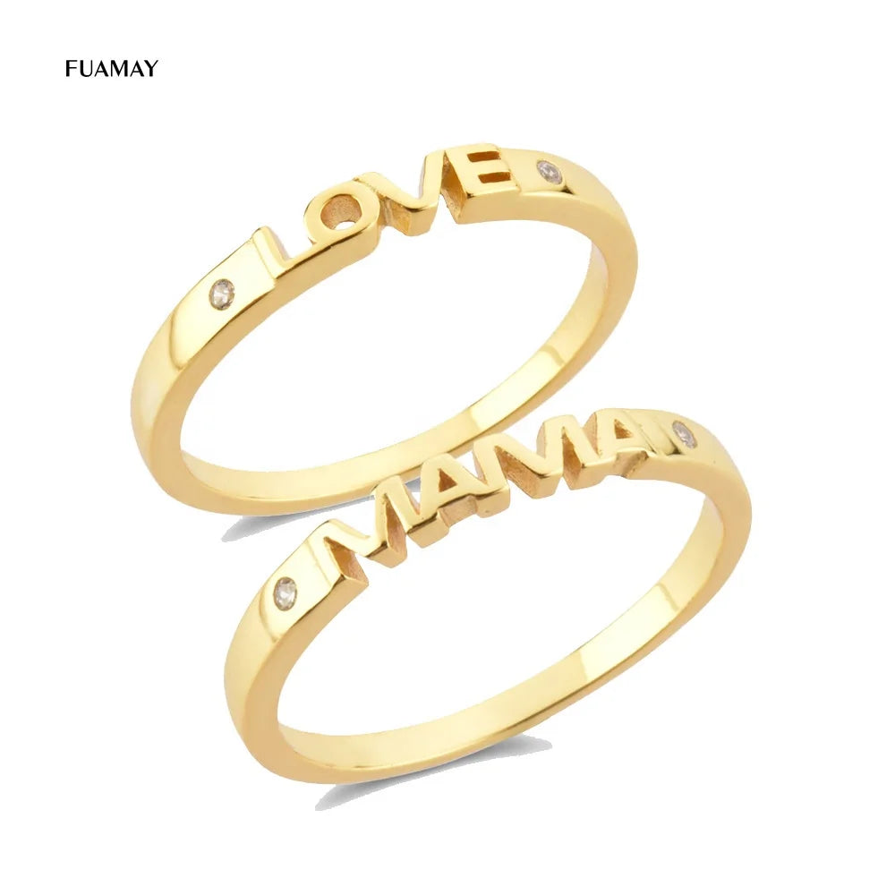 FUAMAY 925 Sterling Silver Alphabet Love Rings Gold & Rhodium Plated Engagement Mama Rings for Wedding & Party