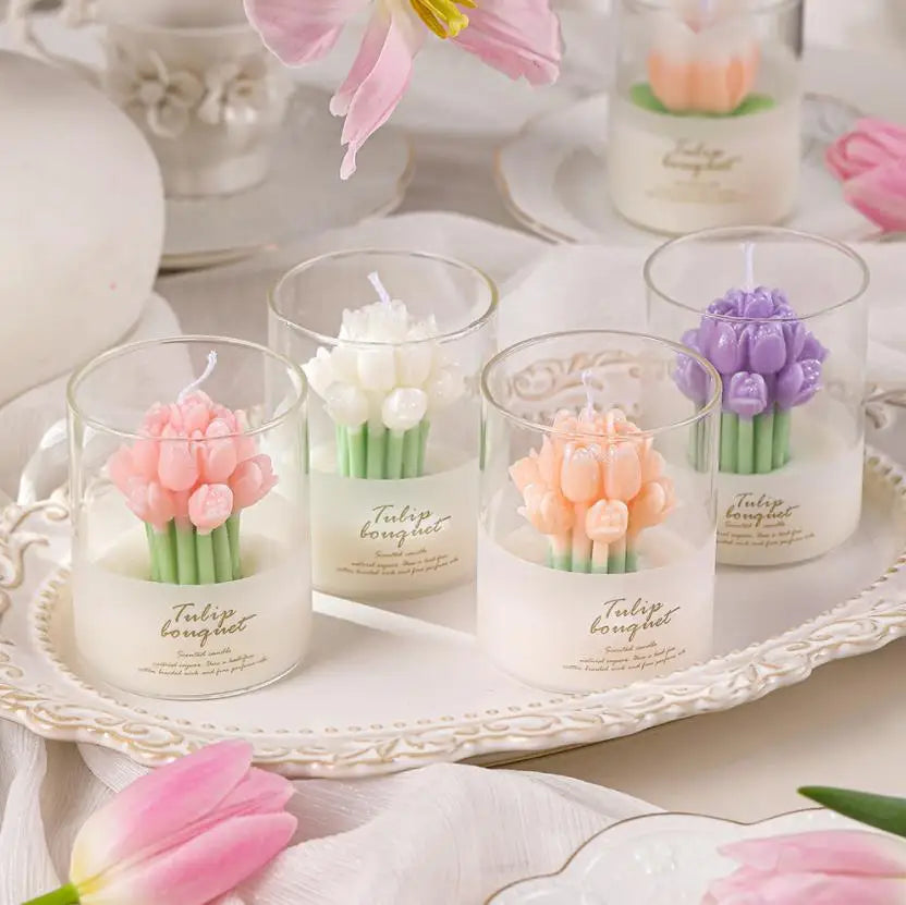 Handmade Tulip Bouquet Flower Shaped Scented Candles Gift Glass Jar Candle Cup for Valentine's Day Wedding Home Decoration