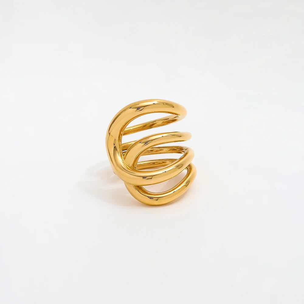 High End 18K PVD Gold Plated Multi Layer Statement Open Curve Rings Stainless Steel Women Rings Tarnish Free Fashion Jewelry