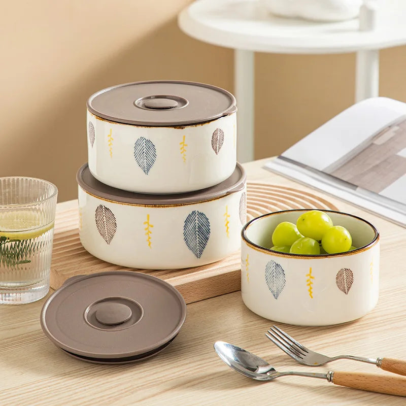Three-piece Ceramic Bohemian Design Eco-Friendly Fresh-Keeping Microwaveable Refrigerated Sealed Bowl Lid Household Lunch Box