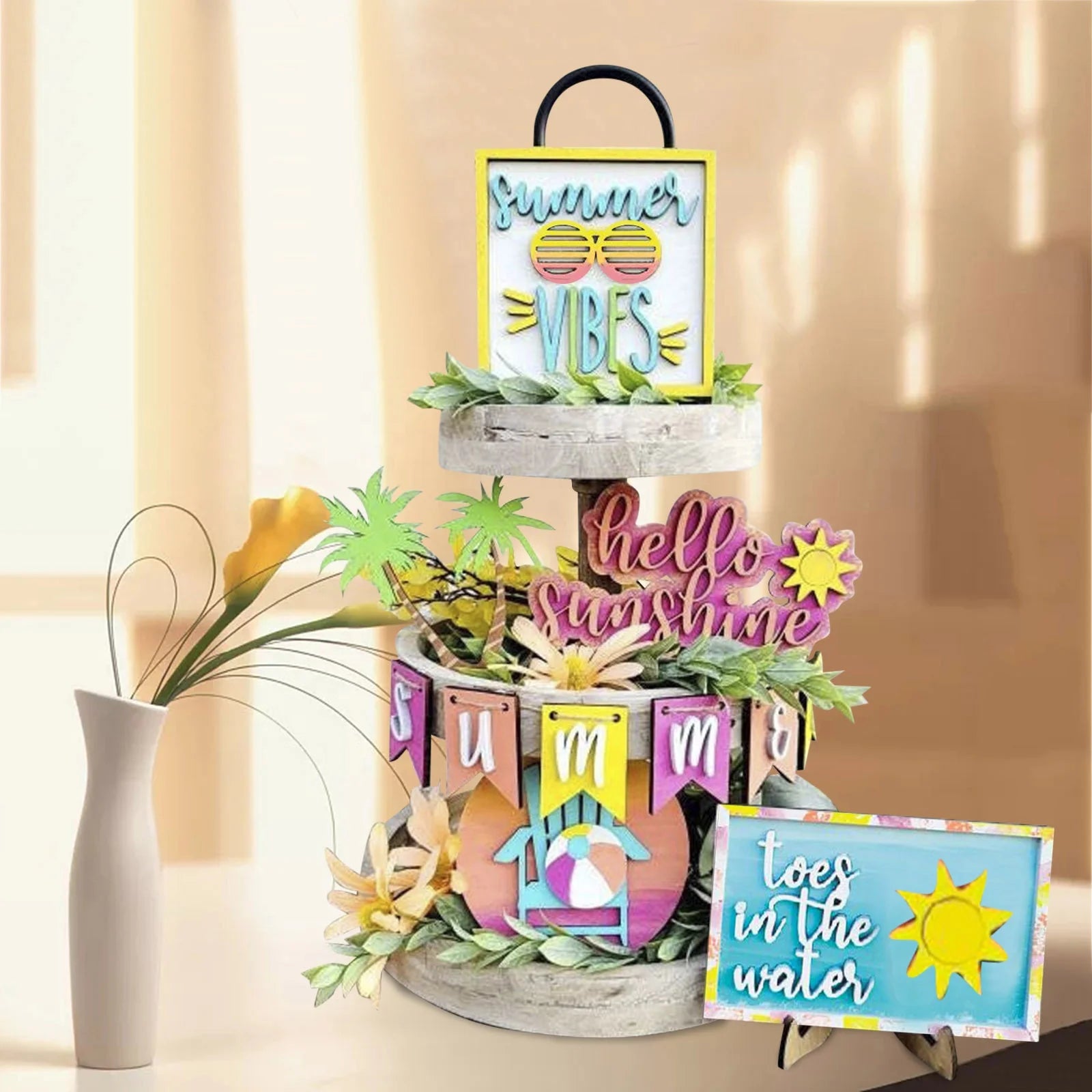 Tiered Mini Spring Tray Decor Fresh Kitchen Home for Easter Wood Market Decor Summer Tiered Tray 3D Desktop Ornament