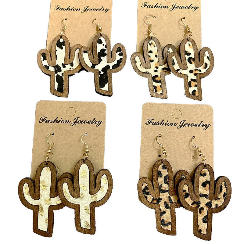 2024 Vintage Wood FS Pendant Earrings Trendy Horse Hair Wooden Cactus Cat Fever Bronzing Leather for Women