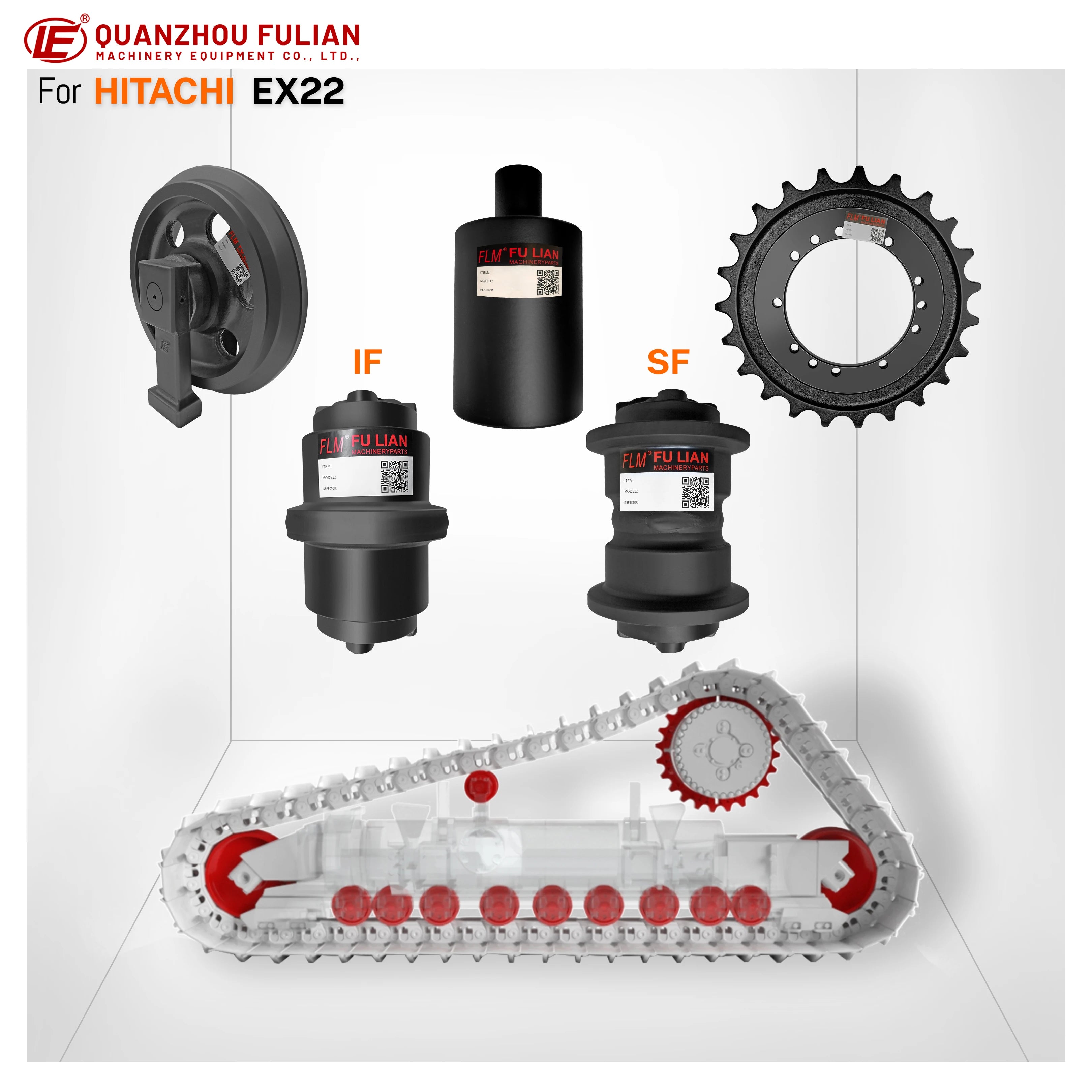 FL Mini Excavator Track Part for Hitachi Undercarriage EX22 Bottom Roller Top Roller Drive Sprocket Front Idler Wheel Assembly