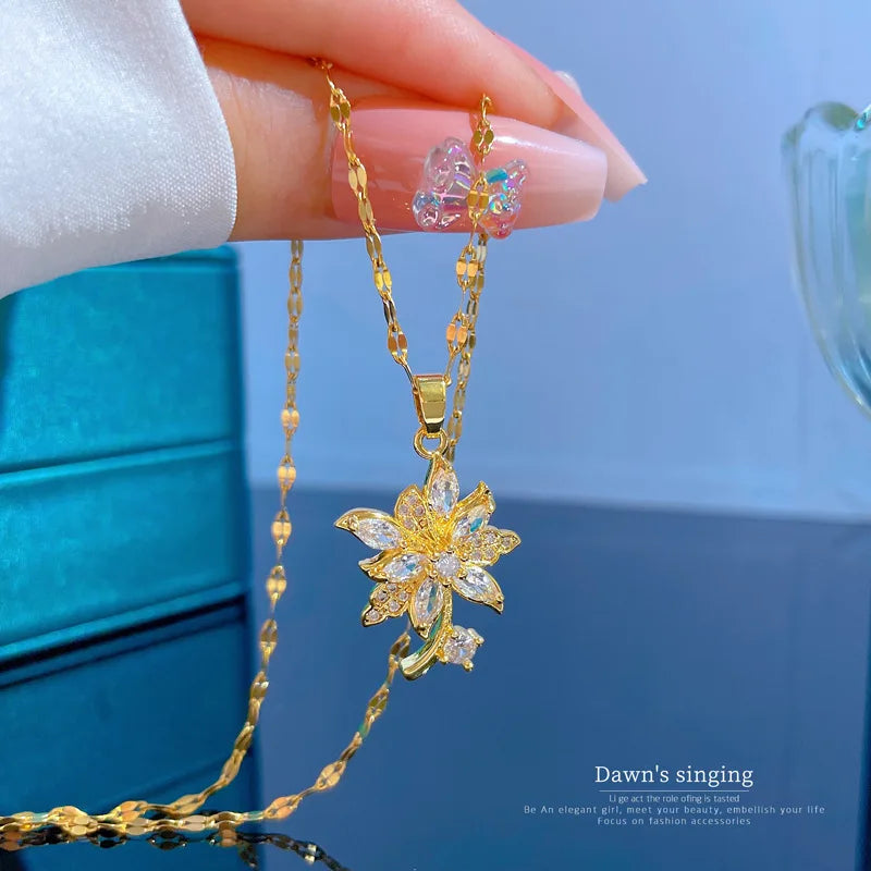 Shining 18k Gold Plated Stainless Steel Cz Flower Necklace Jewelry Luxury Zircon Flower Pendant Necklace for Women