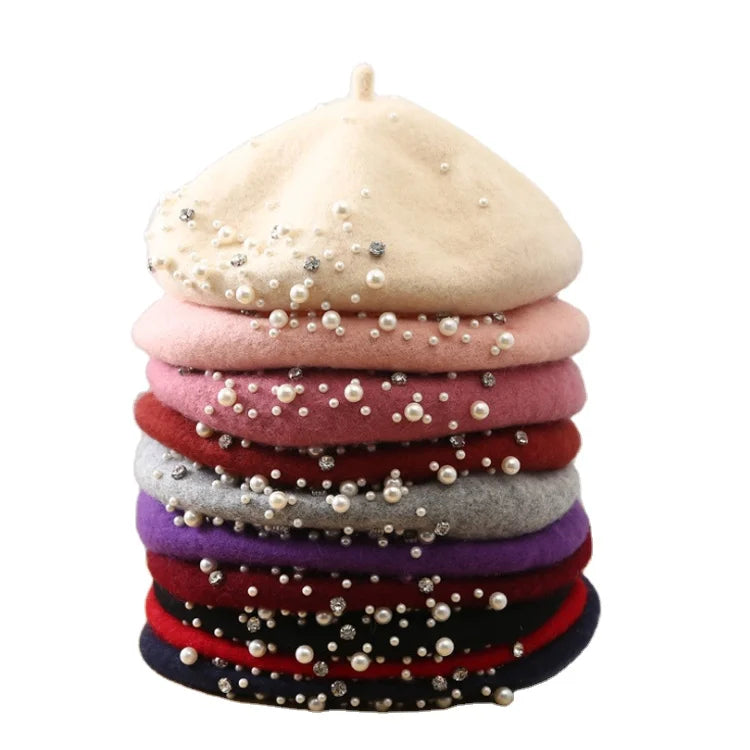 MIO New Many Colors Women Pearl Plush Adjustable Winter Warm French Ladies Berets for Sports Casual Outdoor
