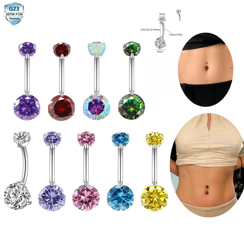 G23 Titanium 14G Internal Thread Navel Ring 6-14mm Long Strip with 5A Zirconia for Women and Men Elegant Jewelry