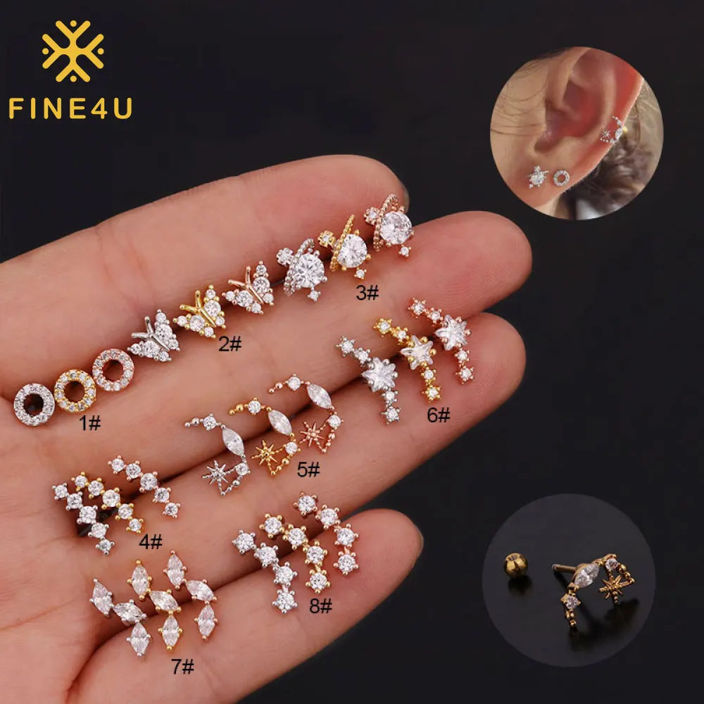Stainless Steel Women Fashion Jewelry Gold Plated Ear Piercing Set Cubic Zirconia Butterfly Stud Earrings