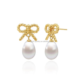 Pure Gold Earrings 14K Gold Jewelry Pearl Earrings Bowknot Cute Fine Jewelry for Girl