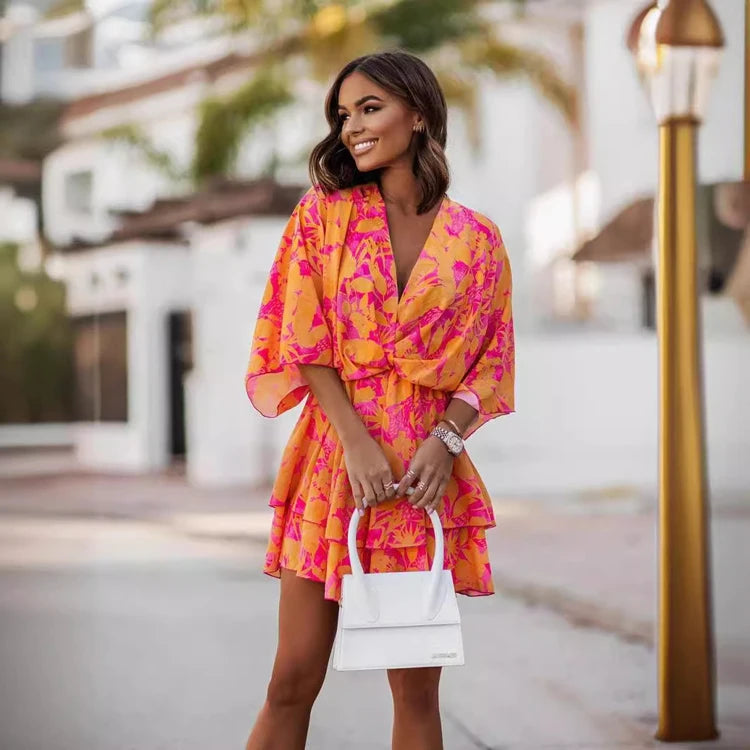 New V-neck Printed Dresses Summer Deep V Short Casual Dresses