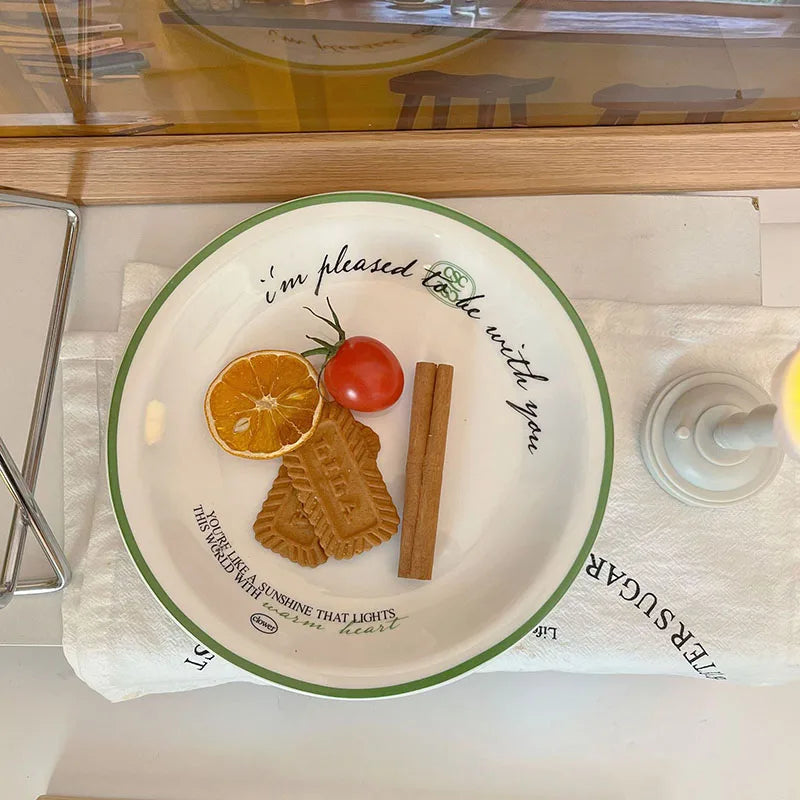 Original French Ins Green Lines Letter Ceramic Plate Breakfast Dessert Western Dinner Plate