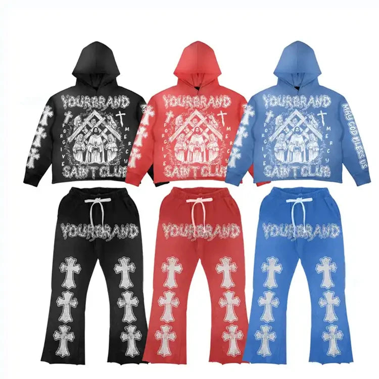 Tracksuit Supplier Custom Heavyweight Acid Wash Premium Print Distressed Flare Sweatpants and Hoodie Tracksuits Men