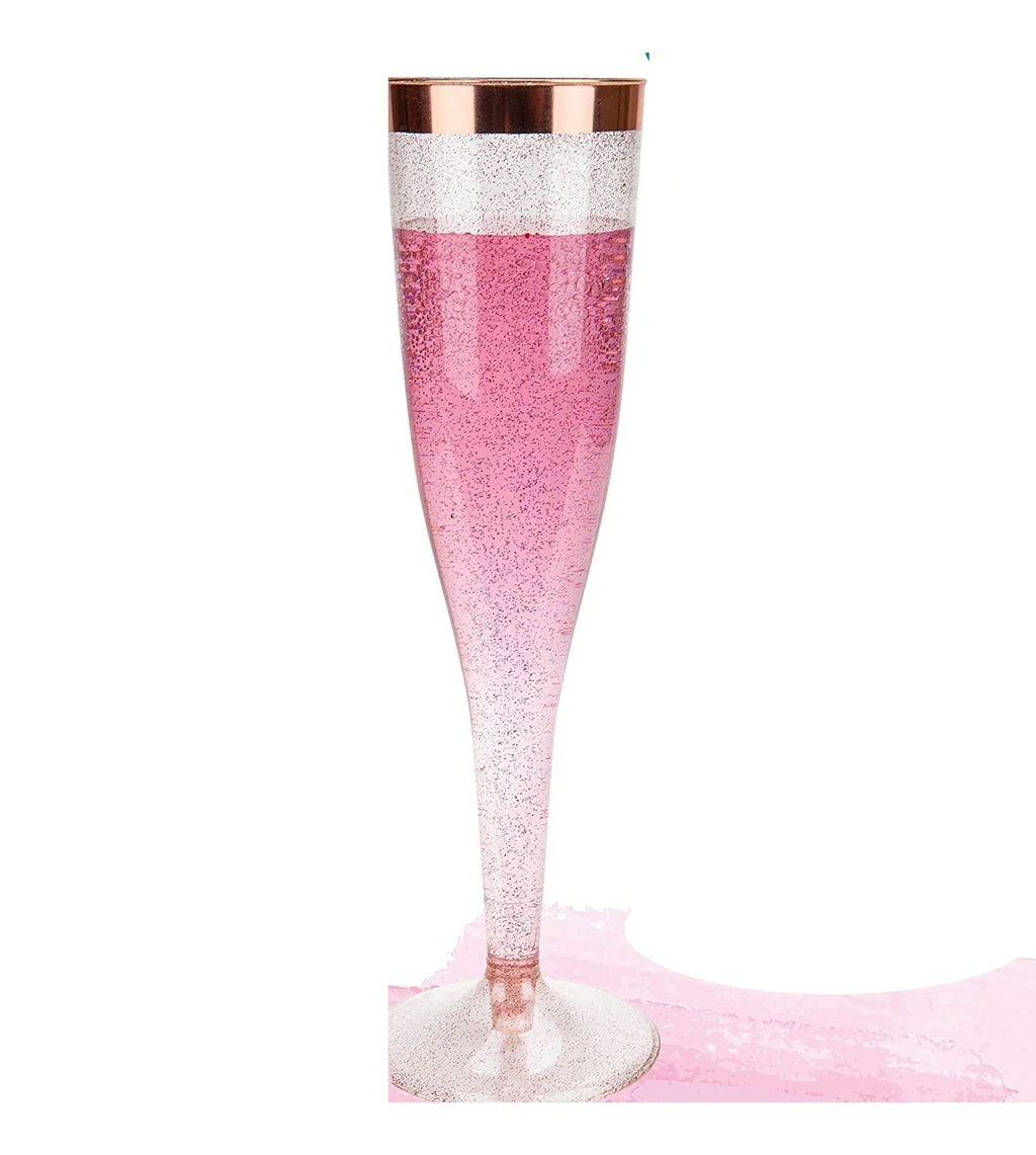 4.5 oz Fancy Party Disposable Rose Gold Rim With Rose Gold Glitter Champagne Flutes Elegant Glass for Wedding