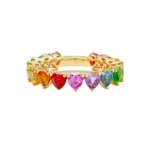 New Spring Brass Rainbow Heart Shape Cut CZ Diamond-Like 18K Gold Eternity Band Rings for Girl Women