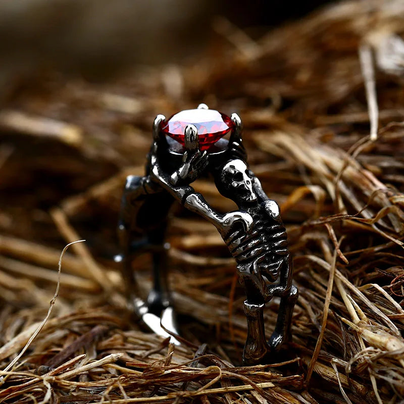 SS8-907R Steel Gothic Skull Ruby Black Zircon Ring Vintage Fashion Punk Hip Hop Stainless Steel Skeleton Stone Ring