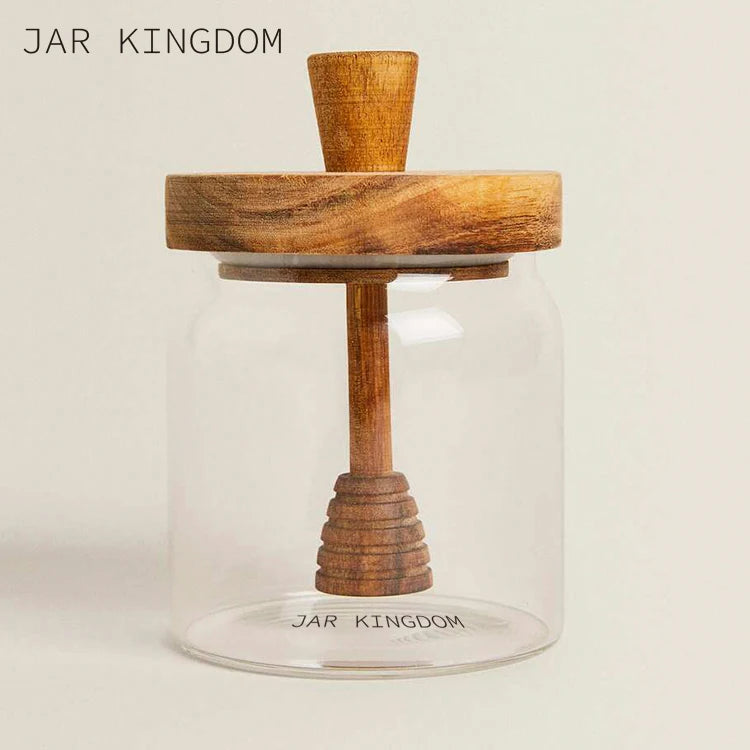 JAR KINGDOM Custom Logo Kitchen Mini Small 500ml Wood Lid Empty Clear Round Borosilicate Glass Honey Jar with Wooden Dipper Lid