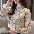 9156# Long Sleeve Office Lady Women Blouses Shirts White Flower Print Chiffon Women Tops With Button Blusas Mujer De Moda