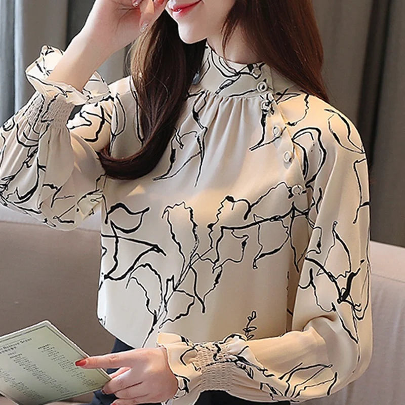 9156# Long Sleeve Office Lady Women Blouses Shirts White Flower Print Chiffon Women Tops With Button Blusas Mujer De Moda